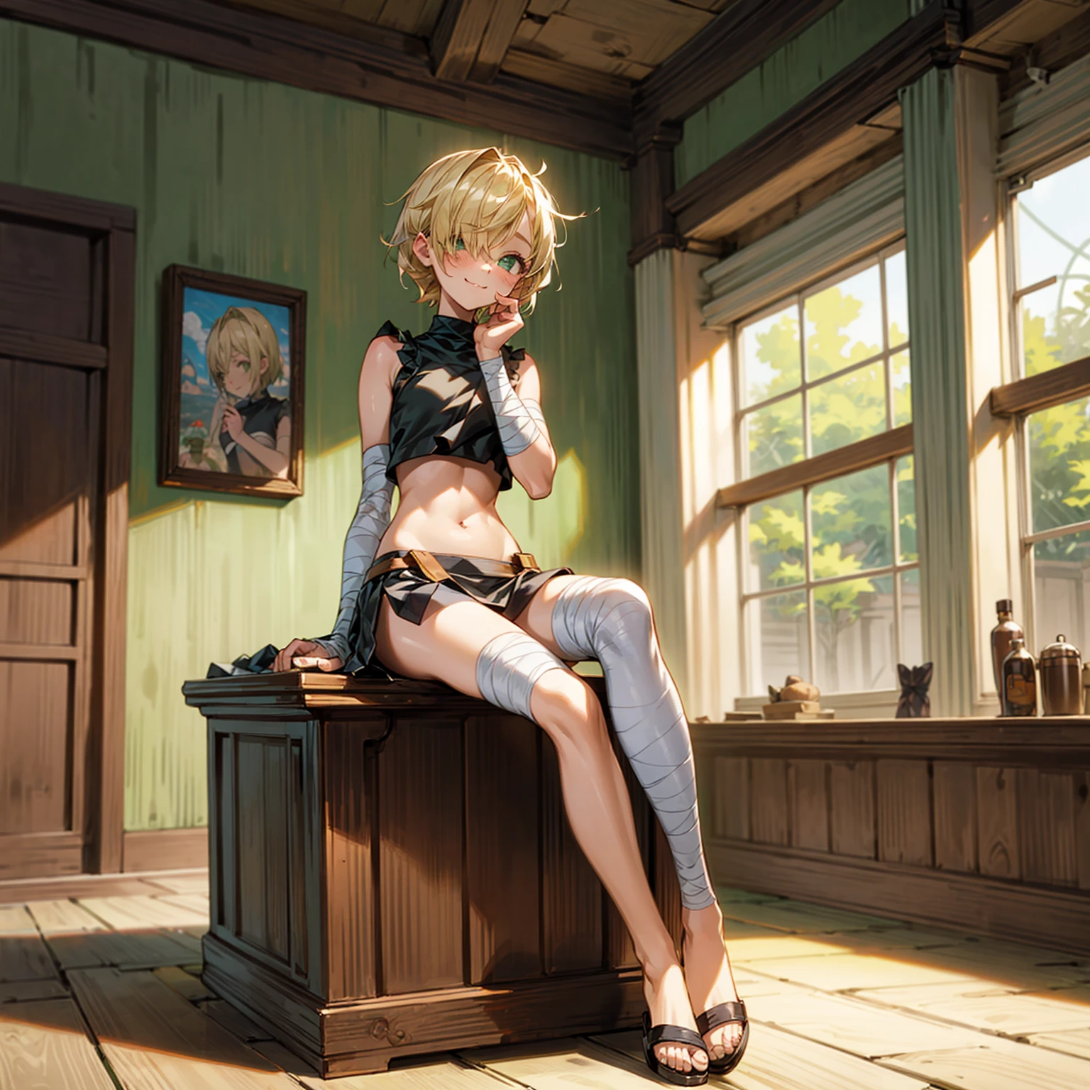 Solo character, full body version, baby kid girl, blonde hair, short haircut, one eye covered by hair, green eyes, cute face, sad eyes, smile mouth, black crop top, long white skirt sexy, bandage around the neck, bandage on the hand, sandals, indoor room bar, (Hunter x Hunter style art)