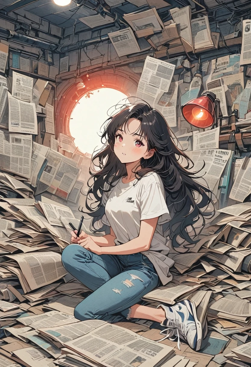 (Graphite Paint), (Beautiful and attractive girl sitting cross-legged on a pile of old newspapers in the basement), (She is wearing a white crew neck shirt and jeans), Young wild asian face, Slightly mixed face type, (Slightly square jaw: 0.4), Messy and too long, Hard curly hair, sloth, (Perfect Face), Her slender eyes narrowed a little., Sneakers, (The industrial lights on the roof give off a dim light, Weak red light: 1.34),
background: The basement is covered with old newspapers and dilapidated walls., Industrial-style, Retro Shabby,
90s anime style, Bold silhouette, Graphic Arts, Line art, Black and White, Line art with pen pressure, Pen pressure sketching, With pen pressure的书法笔, G-pen style，With pen pressure, Hand drawn thick lines, High Contrast, most models,