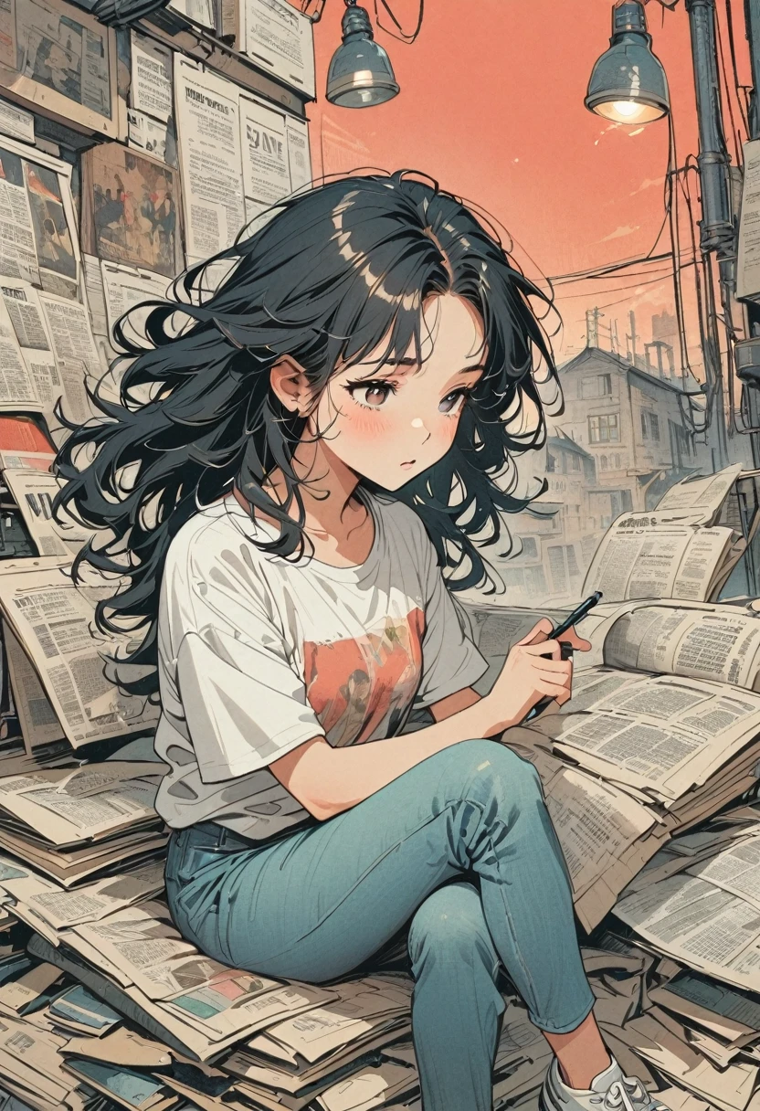 (Graphite Paint), (Beautiful and attractive girl sitting cross-legged on a pile of old newspapers in the basement), (She is wearing a white crew neck shirt and jeans), Young wild asian face, Slightly mixed face type, (Slightly square jaw: 0.4), Messy and too long, Hard curly hair, sloth, (Perfect Face), Her slender eyes narrowed a little., Sneakers, (The industrial lights on the roof give off a dim light, Weak red light: 1.34),
background: The basement is covered with old newspapers and dilapidated walls., Industrial-style, Retro Shabby,
90s anime style, Bold silhouette, Graphic Arts, Line art, Black and White, Line art with pen pressure, Pen pressure sketching, With pen pressure的书法笔, G-pen style，With pen pressure, Hand drawn thick lines, High Contrast, most models,