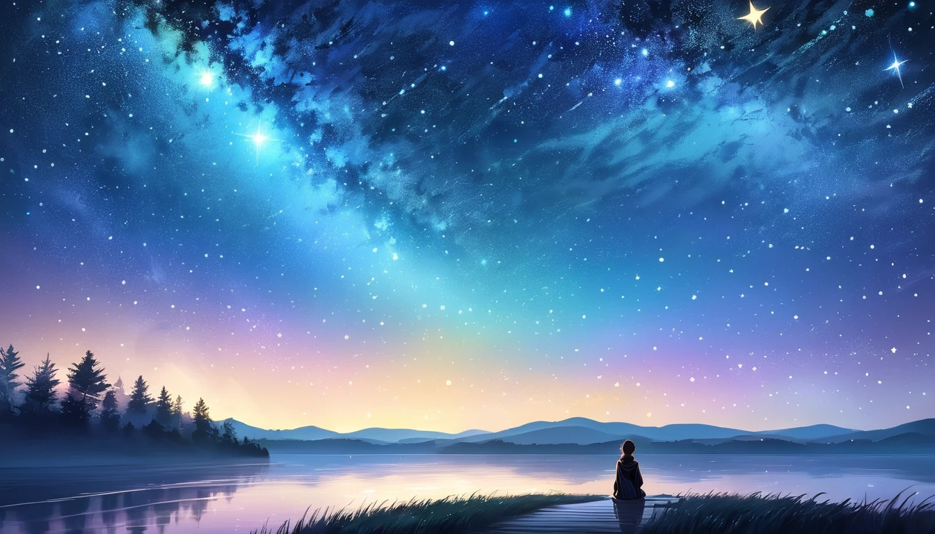 Prompt: A night sky filled with countless shining stars, a person gazing into the distance with hope, ready to embark on a courageous journey into unknown worlds, memories of the past carried in song.