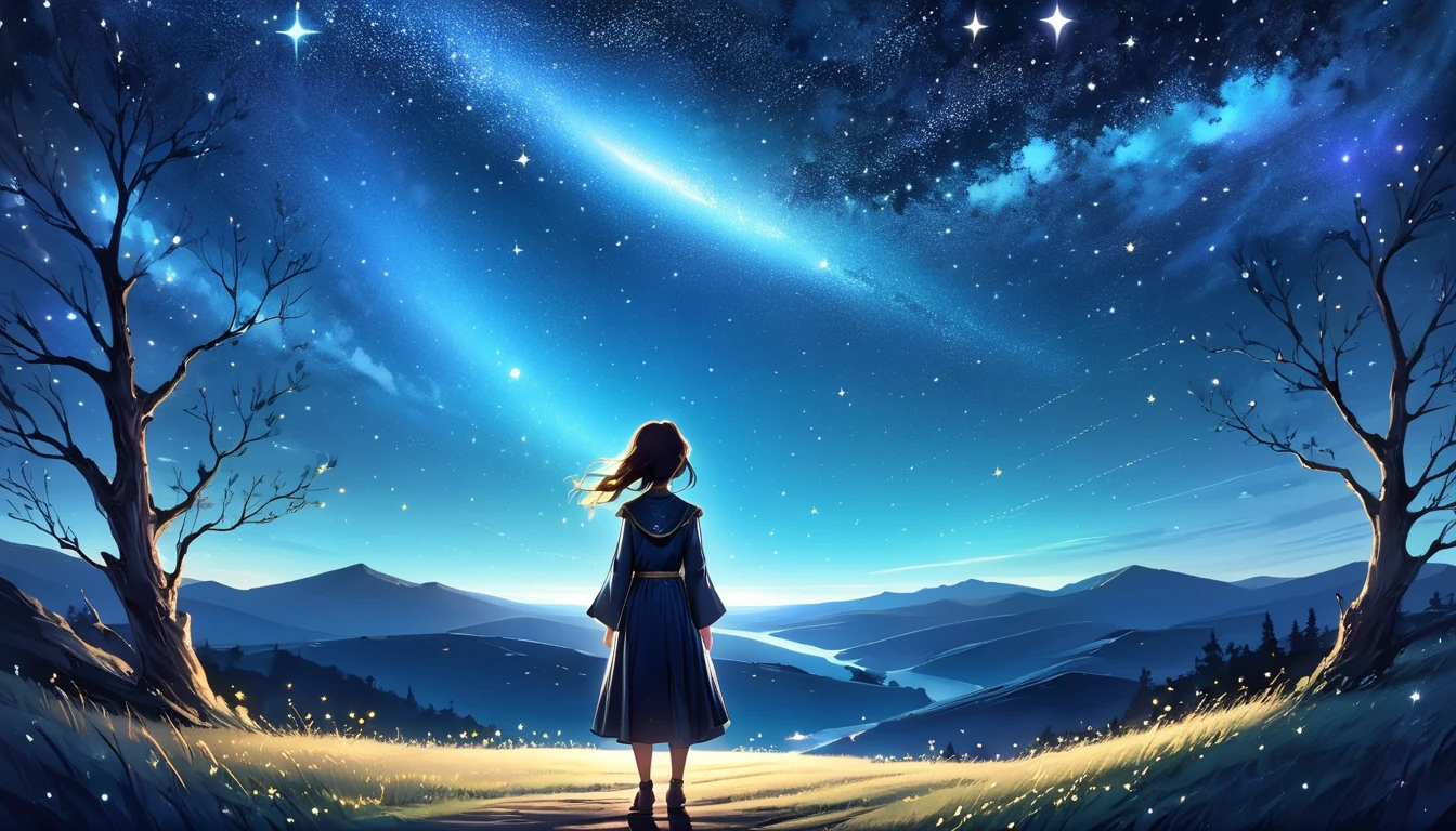 Prompt: A night sky filled with countless shining stars, a person gazing into the distance with hope, ready to embark on a courageous journey into unknown worlds, memories of the past carried in song.