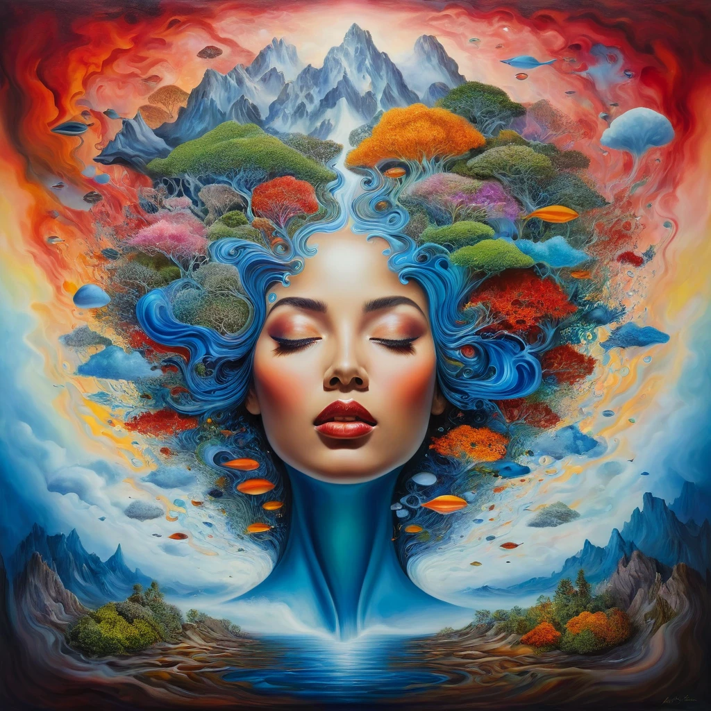 Surreal Harmony - a painting of a woman's head surrounded,