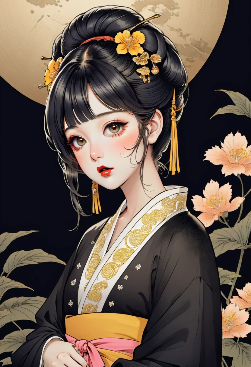 (beste Qualität, skizzieren:1.2),realistisch,Illustrator,Anime-Serie,1 Mädchen, detaillierte Lippen, Kimono,Brauch, Schwarzer und goldener Hintergrund mit Farbverlauf,Neon-Haare,strukturiertes Zuschneiden, Meisterwerk, stil retro klassisch, schwarzer Stil 、Eine Illustration、Kunst、Horrorfilmplakate der 70er, Betreut von Junji Ito、Hohe Detailliertheit, realistische Schatten、analoger Stil, chromatische Abweichung, Surrealismus、Komplementärer Gradient