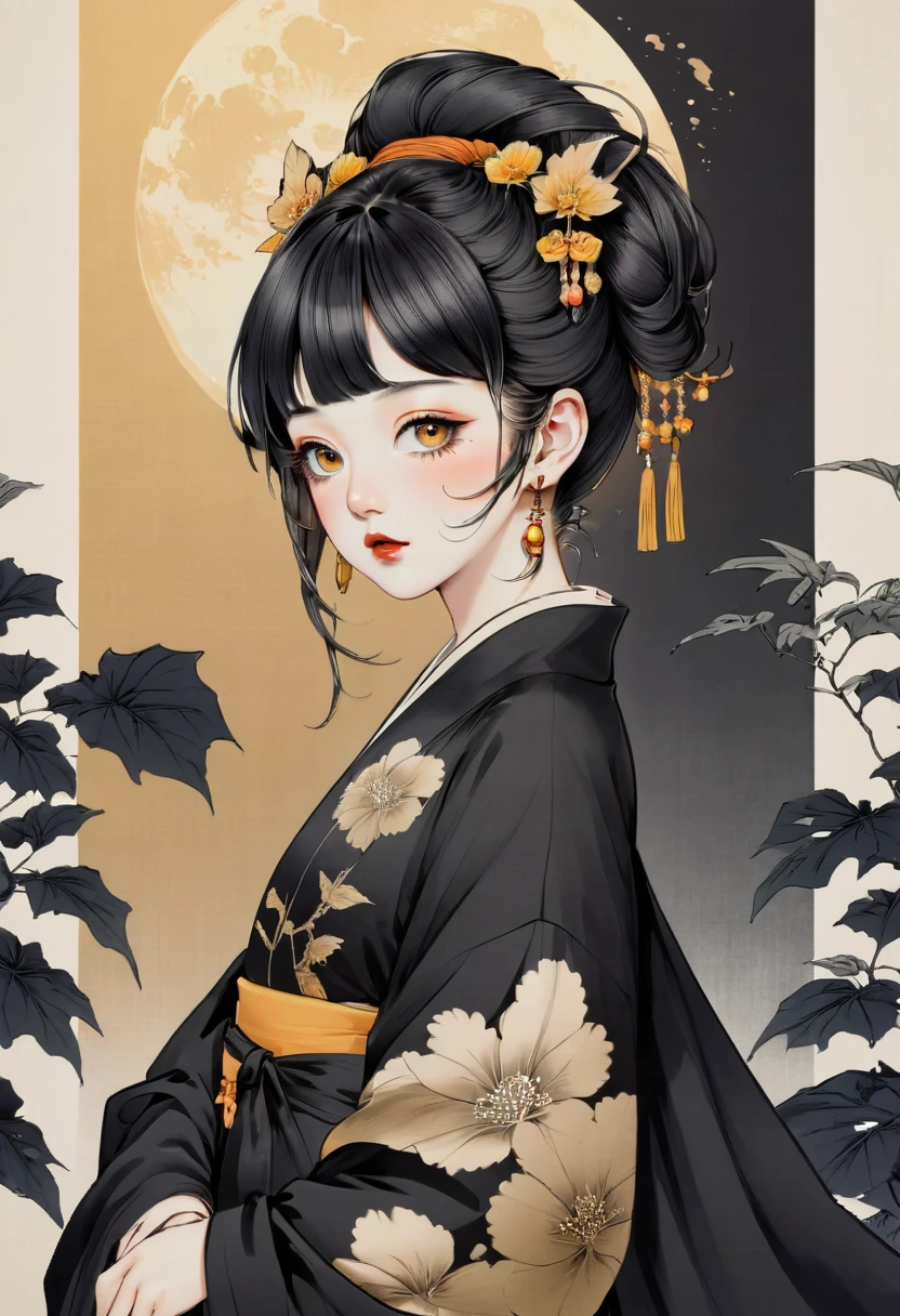 (beste Qualität, skizzieren:1.2),realistisch,Illustrator,Anime-Serie,1 Mädchen, detaillierte Lippen, Kimono,Brauch, Schwarzer und goldener Hintergrund mit Farbverlauf,Neon-Haare,strukturiertes Zuschneiden, Meisterwerk, stil retro klassisch, schwarzer Stil 、Eine Illustration、Kunst、Horrorfilmplakate der 70er, Betreut von Junji Ito、Hohe Detailliertheit, realistische Schatten、analoger Stil, chromatische Abweichung, Surrealismus、Komplementärer Gradient