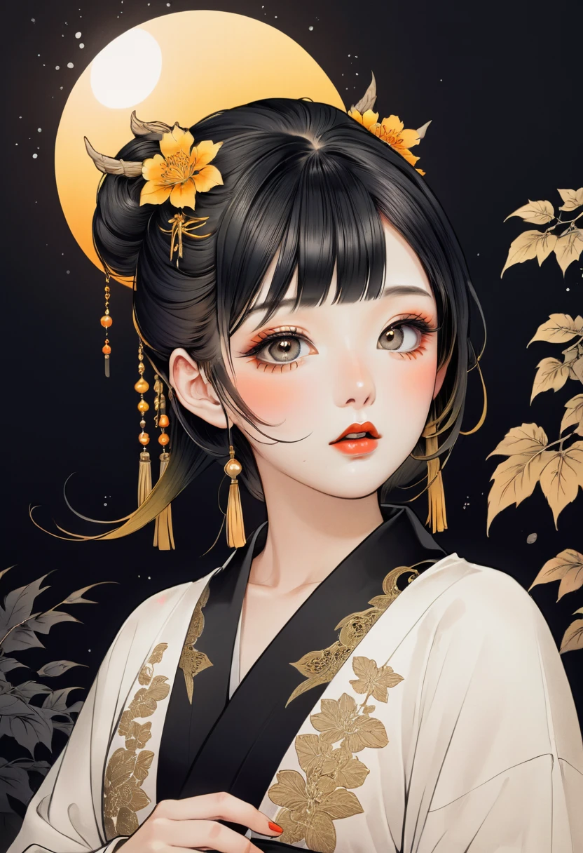 (beste Qualität, skizzieren:1.2),realistisch,Illustrator,Anime-Serie,1 Mädchen, detaillierte Lippen, Kimono,Brauch, Schwarzer und goldener Hintergrund mit Farbverlauf,Neon-Haare,strukturiertes Zuschneiden, Meisterwerk, stil retro klassisch, schwarzer Stil 、Eine Illustration、Kunst、Horrorfilmplakate der 70er, Betreut von Junji Ito、Hohe Detailliertheit, realistische Schatten、analoger Stil, chromatische Abweichung, Surrealismus、Komplementärer Gradient