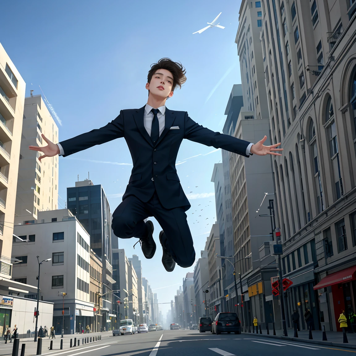 1boy jumped in the air，A bunch of documents flew around, he is floating in the air, dynamic low angle shooting, levitating above the ground, dramatic action photography, rising in the air levitating, floating over a city sidewalk, photography alexey gurylev, Hair is floating in the wind, Cinematic. author：Leng Jun, wide angle dynamic portrait