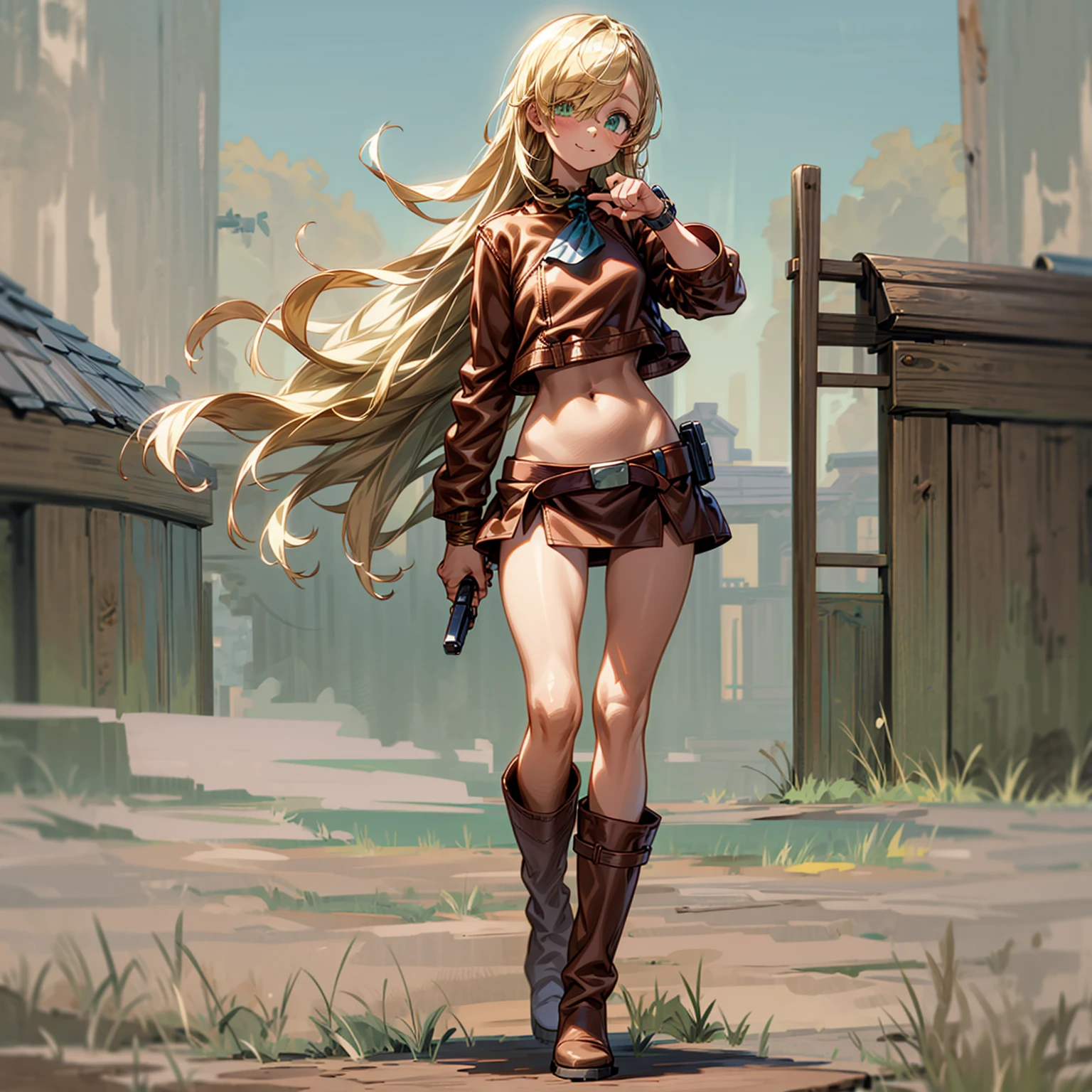 Solo character, full body version, baby kid girl, blonde hair, long haircut, one eye covered by hair, green eyes, cute face, sad eyes, smile mouth, crop top, Brown leather jacket, long skirt, bandage around the neck, bandage on the hand, boots, standing gesture, hand gun in hand, outdoor, town, skyblue 