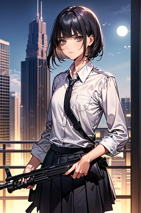 (((woman firing an automatic rifle,excluding visual,detailed depiction of an automatic rifle))),synchronize your gaze and body d...