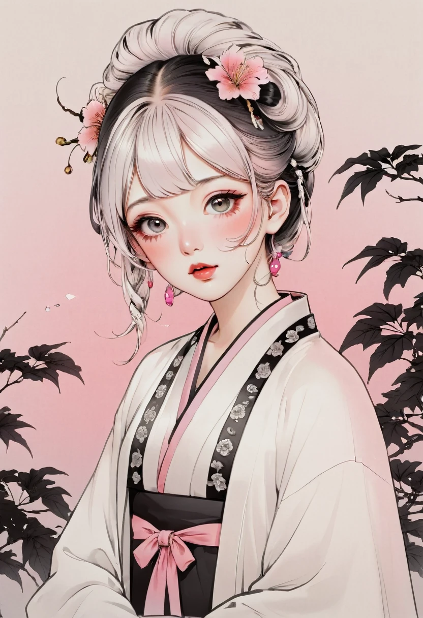 (beste Qualität, skizzieren:1.2),realistisch,Illustrator,Anime-Serie,1 Mädchen, detaillierte Lippen, Kimono,Brauch, weißer und rosa Farbverlaufshintergrund,Neon-Haare,strukturiertes Zuschneiden, Meisterwerk, stil retro klassisch, schwarzer Stil 、Eine Illustration、Kunst、Horrorfilmplakate der 70er, Betreut von Junji Ito、Hohe Detailliertheit, realistische Schatten、analoger Stil, chromatische Abweichung, Surrealismus、Komplementärer Gradient