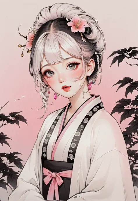 (best quality, sketch:1.2),realistic,illustrator,anime,1 girl, detailed lips, kimono,custom, white and pink gradient background,...