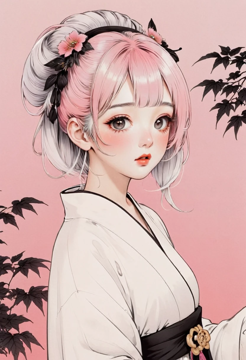 (beste Qualität, skizzieren:1.2),realistisch,Illustrator,Anime-Serie,1 Mädchen, detaillierte Lippen, Kimono,Brauch, weißer und rosa Farbverlaufshintergrund,Neon-Haare,strukturiertes Zuschneiden, Meisterwerk, stil retro klassisch, schwarzer Stil 、Eine Illustration、Kunst、Horrorfilmplakate der 70er, Betreut von Junji Ito、Hohe Detailliertheit, realistische Schatten、analoger Stil, chromatische Abweichung, Surrealismus、Komplementärer Gradient