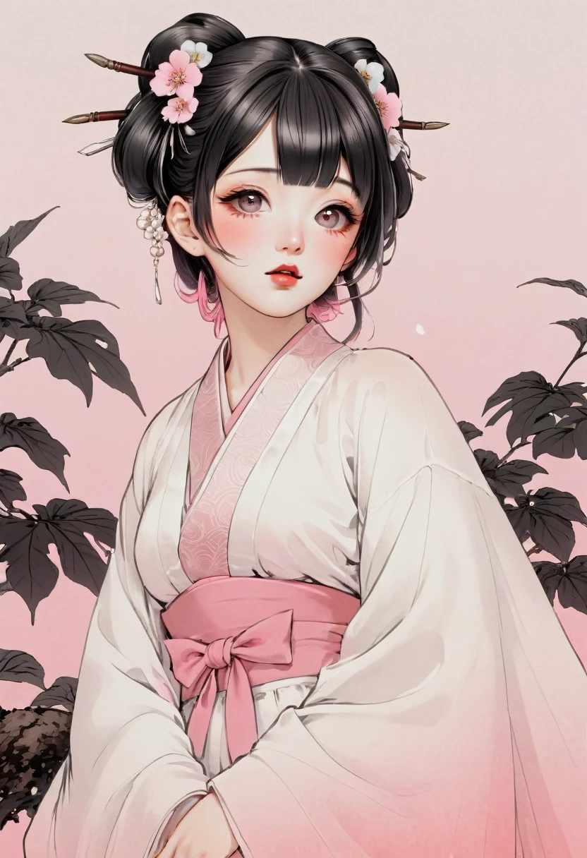 (beste Qualität, skizzieren:1.2),realistisch,Illustrator,Anime-Serie,1 Mädchen, detaillierte Lippen, Kimono,Brauch, weißer und rosa Farbverlaufshintergrund,Neon-Haare,strukturiertes Zuschneiden, Meisterwerk, stil retro klassisch, schwarzer Stil 、Eine Illustration、Kunst、Horrorfilmplakate der 70er, Betreut von Junji Ito、Hohe Detailliertheit, realistische Schatten、analoger Stil, chromatische Abweichung, Surrealismus、Komplementärer Gradient