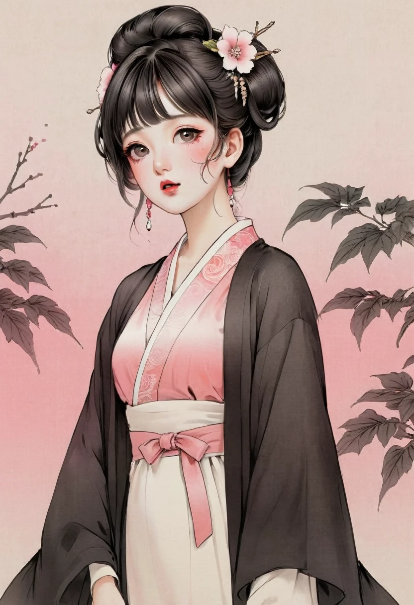 (best quality, sketch:1.2),realistic,illustrator,anime,1 girl, detailed lips, kimono,custom, white and pink gradient background, hair,textured cropping, masterpiece, style retro classic, noir style 、An illustration、art、70s horror movie posters, Supervised by Junji Ito、High detail, Realistic Shadows、Analog Style, chromatic aberration, Surrealism、Complementary Gradient