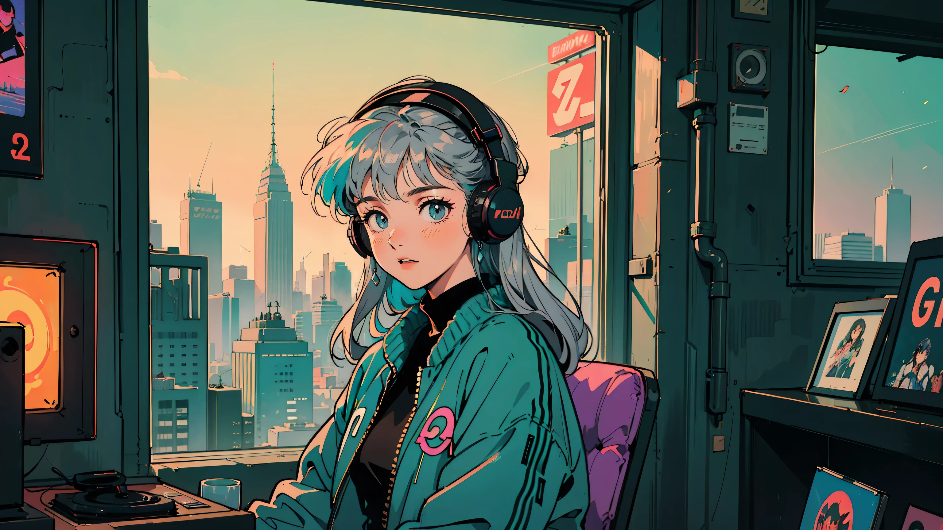 In the heart of neo-Tokyo, a vintage record store infused with cutting-edge tech stands open in the dead of night. Inside, an 18-year-old girl stands amidst the eclectic atmosphere. Her long hair cascades gracefully, framing a cute face. Wearing oversized headphones and a vintage letterman jacket, she gazes directly at the viewer. Around her, old vinyl records share space with holographic music players, bathed in a kaleidoscope of colors from neon signs - hot pink, electric blue, acid green, and deep purple. Retro posters in warm oranges and yellows contrast with sleek, silvery modern interfaces. Through the windows, skyscrapers paint the night sky in a riot of hues - from crimson and gold to teal and indigo. Holographic billboards flash in rainbow spectrums, while flying taxis with multicolored light trails occasionally zip by. In this vibrant, quiet sanctuary, she exists at the crossroads of musical past and future, surrounded by a dazzling palette of the city's nocturnal energy