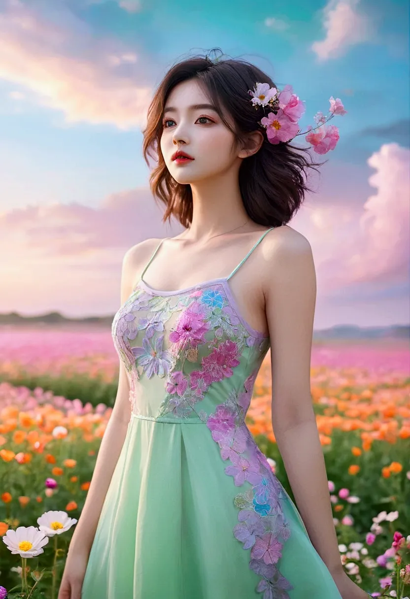 beautiful woman standing in a flower field wearing a short dress_fine details of delicate features, colorful and rich fantasy cl...