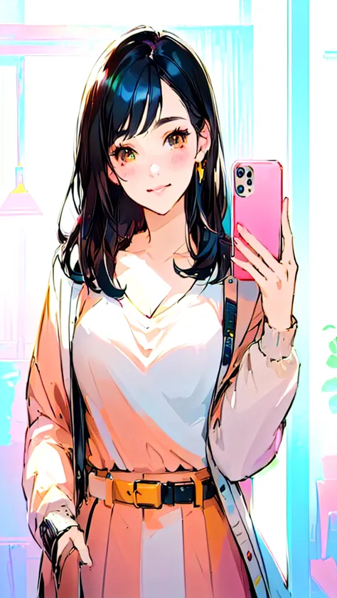 anime girl with long black hair holding up a cell phone, kawaii realistic portrait, attractive anime girl, realistic anime 3 d s...