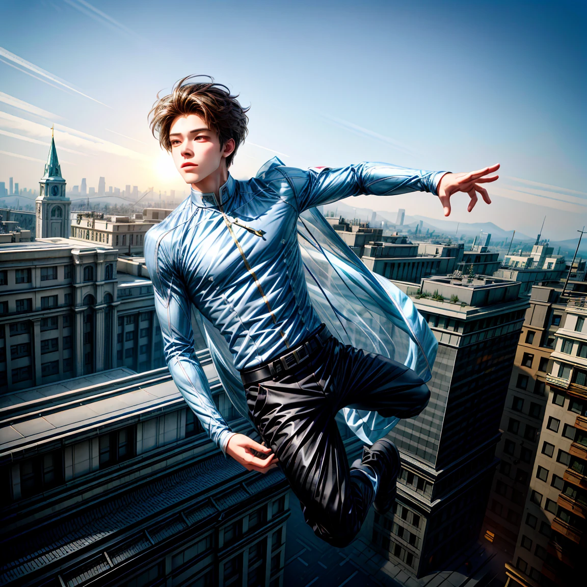 1boy jumped in the air，anatomical correct，he is floating in the air, dynamic low angle shooting, levitating above the ground, dramatic action photography, rising in the air levitating, floating over a city sidewalk, photography alexey gurylev, Hair is floating in the wind,  wide angle，dynamic pose