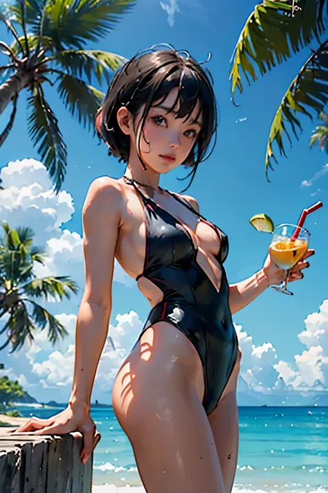 1 female、 alone、(18-year-old female)、(your girlfriend in a sexy swimsuit holds out a tropical drink in one hand:1.2)、(small clea...