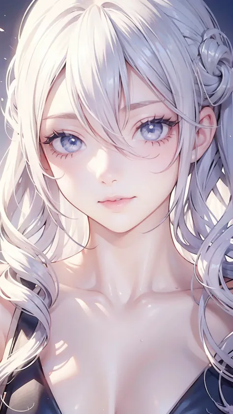 1 girl, white hair, long hair, wavy hair, pink lipstick, white skin, blue eyes, dooppy eyes