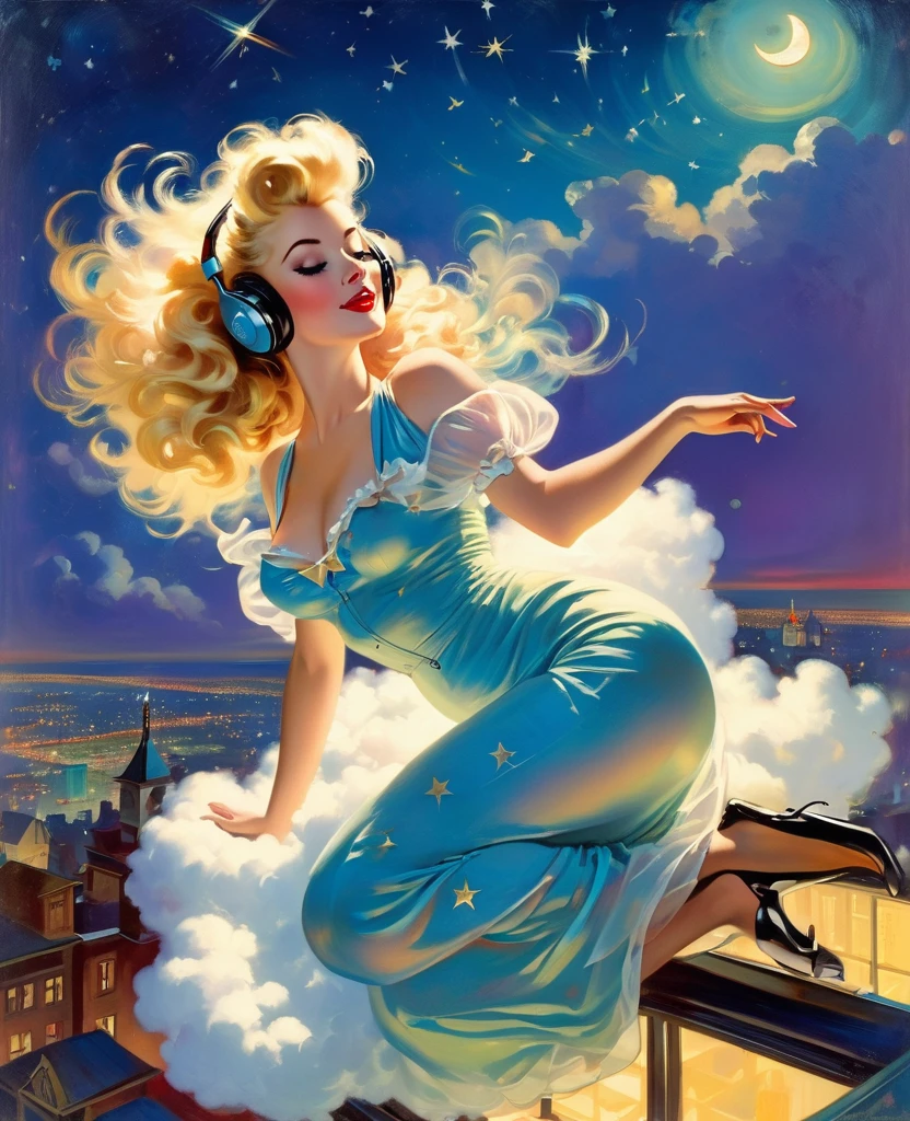 Una pintura estilo pin-up de Gil Elvgren de una hermosa mujer rubia con el pelo grande y desordenado.,  flotando en una nube tendido con gracia en la nube, usando auriculares, vistiendo camisón transparente, con luz de luna, estrellas titilantes y polvo de estrellas colorido, vibrante y colorido, tiro de cuerpo completo, mirando hacia una pequeña ciudad por la noche, paisaje urbano 