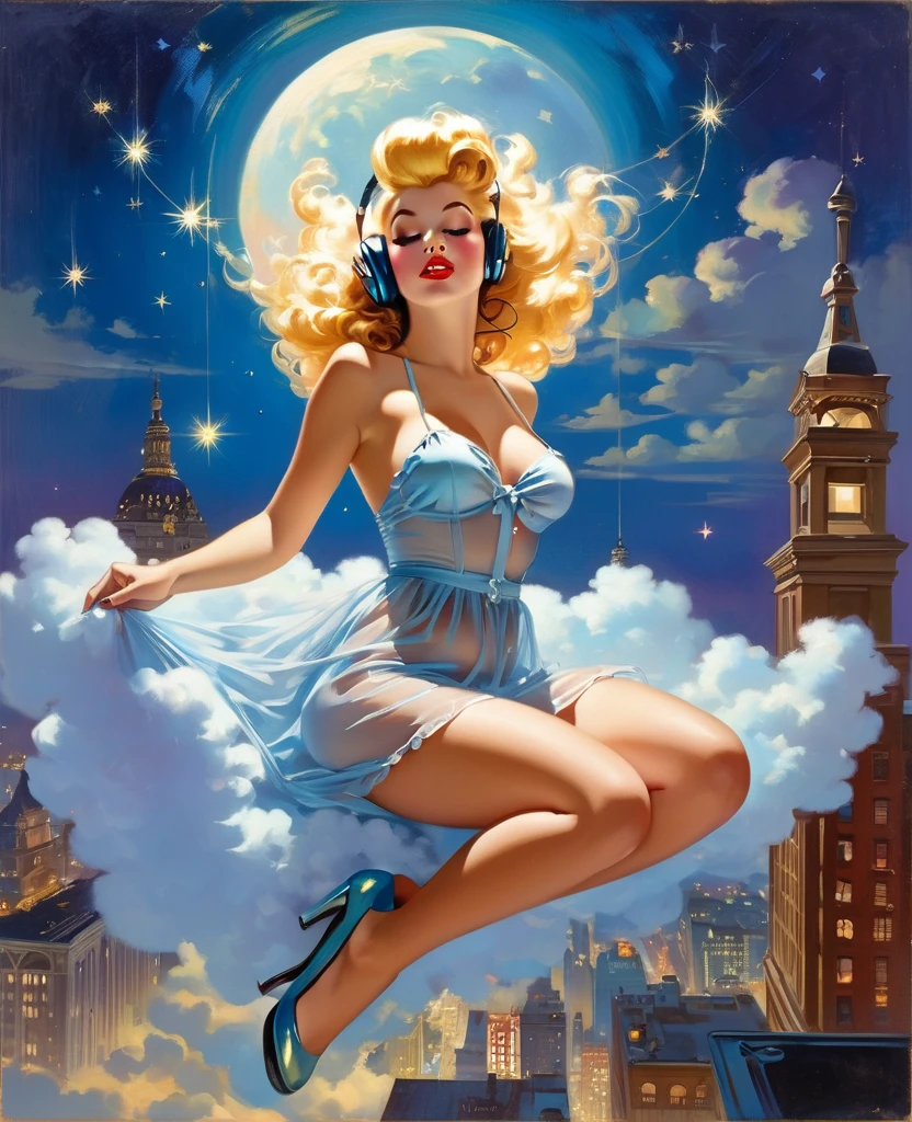 A Gil Elvgren pin-up style painting of a beautiful blonde woman with big messy hair,  floating on a cloud gracefully laying on the cloud, wearing headphones, wearing little transparent nightgown, with moon light, twinkling stars and colorful stardust, vibrant and colorful, full body shot, looking down at a small city at night, cityscape 