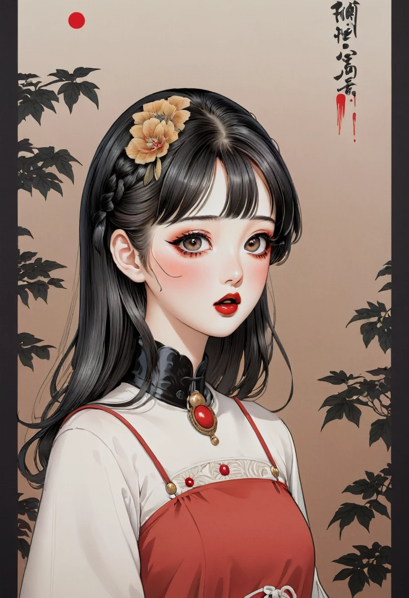 ,realistic,illustrator,anime,1 girl, detailed lips,custom, sirkus, badut, doll, gradient background,textured cropping, masterpiece, style retro classic, noir style 、An illustration、art、70s horror movie posters, Supervised by Junji Ito、High detail, Realistic Shadows、Analog Style, chromat