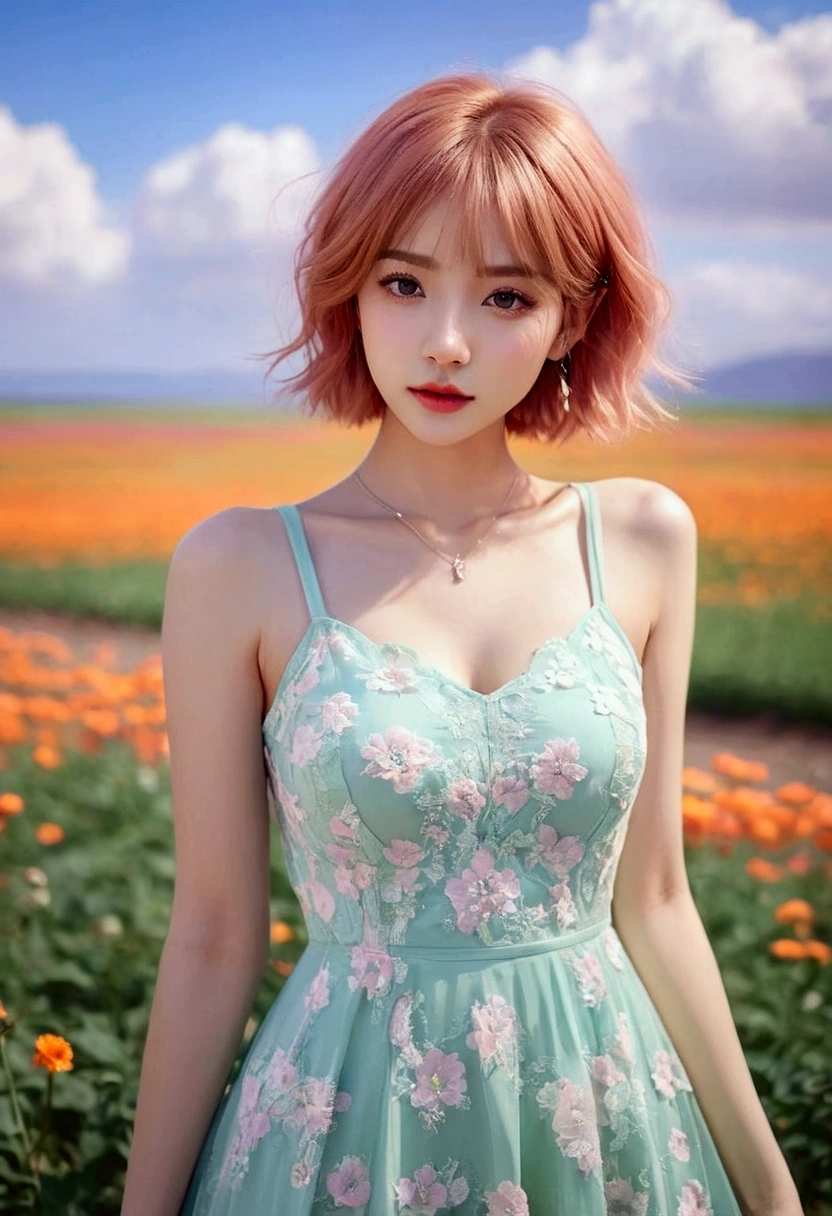 Beautiful woman standing in a flower field wearing a short dress_Fine details of delicate features, orange blonde short hair_Delicate explanation, Colorful and rich fantasy clothing, bright and soft colors, chassis, Colorful pastels, cute colorful lovely, vivid fantasy style, soft and cute colors, Bright pastel colors, Zia, Bright pastel colorss, sakimichan hdri, gradient pastel green, Vibrant pastel colors, blue sky, white cumulus clouds, 