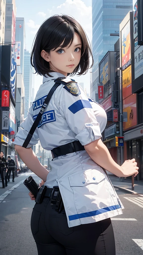 Highest quality、masterpiece、8k、Realistic、超High resolution、Very delicate and beautiful、High resolution、Cinema Lighting、medium range shooting、Perfect female body、Beautiful woman、Mature Woman、Beautiful Eyes、Cityscape、(short hair:1.8、Black Hair)、((Female police officer:1.4、紺色のFemale police officer、Female officer&#39;s cap、Uniform Buttons、Navy blue tie、Jacket、White gloves))、pantyhose、Pencil Skirt、Stiletto heel pumps、badge、Epaulettes、