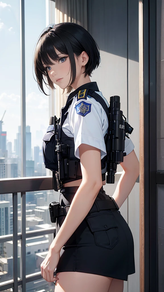 Highest quality、masterpiece、8k、Realistic、超High resolution、Very delicate and beautiful、High resolution、Cinema Lighting、medium range shooting、Perfect female body、Beautiful woman、Mature Woman、Beautiful Eyes、Cityscape、(short hair:1.8、Black Hair)、((Female police officer:1.4、紺色のFemale police officer、Female officer&#39;s cap、Uniform Buttons、Navy blue tie、Jacket、White gloves))、pantyhose、Pencil Skirt、Stiletto heel pumps、badge、Epaulettes、