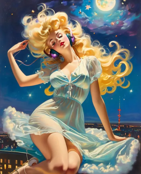 a gil elvgren pin-up style painting of a beautiful blonde woman with big messy hair,  floating on a cloud gracefully laying on t...