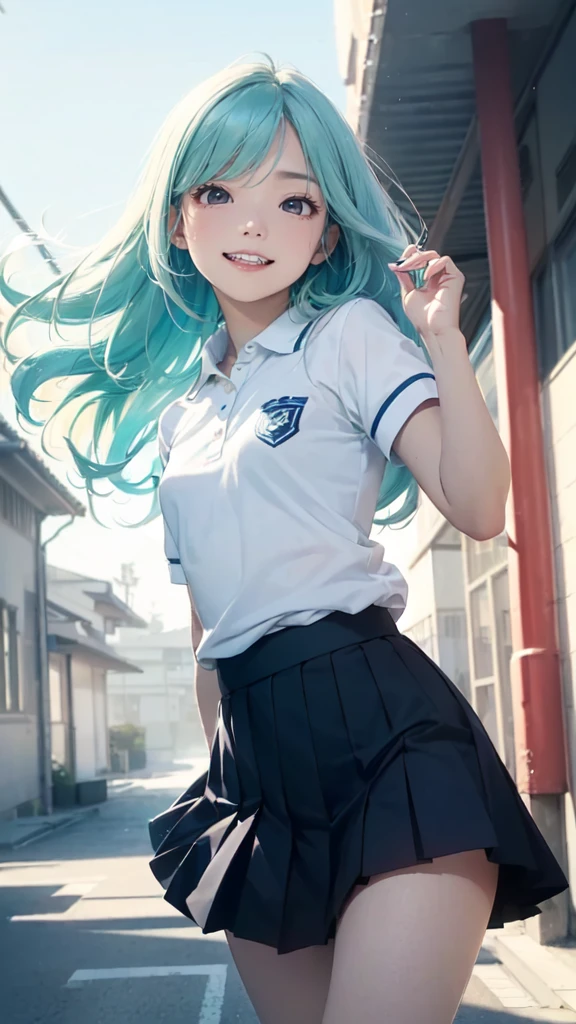 (masterpiece,Highest quality,High resolution,Line art,Anime Style:1.2),(One high school girl:1.2), (((White polo shirt), Navy blue pleated skirt),(White sneakers),White socks),(Smiling happily, showing his teeth:1.3),(Straight long hair swaying in the wind,Light green＋Light blue hair,Natural Makeup, Eyelash extensions, Make your eyelashes thinner and longer:1.3),(Cowboy Shot:1.3),(16 year old Japanese girl:1.2),(Clothes that look good:1.2),(School corridor:1.3), View the subject from below, (The skirt is blown up by the wind, The skirt is short, Panty shot, White children&#39;s panties:1.3), (Are standing, Random sexy poses:1.3), (Place your hands behind your head:1.3), (Thick thighs:1.3)