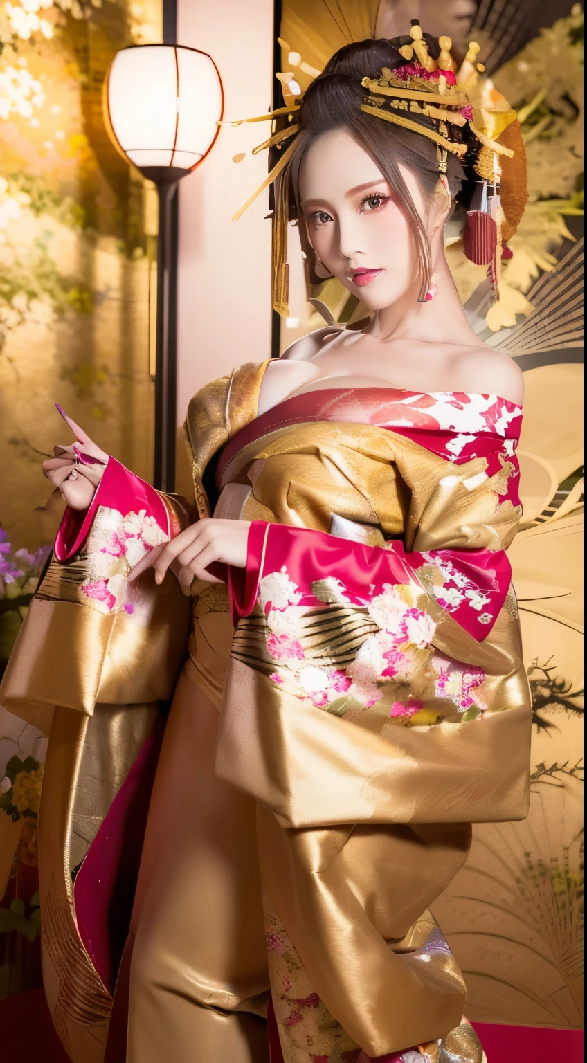 ((masterpiece(:1.4)，Highest quality，Ultra-high resolution，Highest quality，8k，Extremely detailed，In detail))。night，Japanese，(A beautiful woman)，glossy，slim，Large Breasts(1.6)，sexy，glamorous，((Golden Ratio Style，Perfect Style))，Narrow waist，Flashy gal makeup，Japanese garden，Oiran，Prostitute，Sunny day outfit，Uchikake，Gold brocade，((A gorgeous kimono))，A cutting board belt tied in front，Hair tying，hairpin，hair ornaments，Gorgeous costumes，Beautiful standing posture，Presence，Exude sex appeal，looking at the camera，Show off your style，