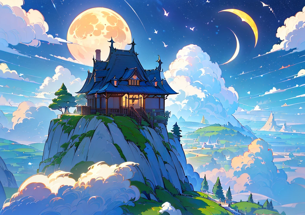 ((((high resolution, Good image quality、Masterpiece、Detailed Pixels、Hypixel、Sharp lines, High quality,It is written)))),(((Single family home、Floating House, The house is floating,Western style,Cafe, Western style建築, Stylishな家))), ((moon、満moon、night景、night、night景、大きなmoon))、((Stylish, Fantasy,beautiful空、cumulonimbus、Big Clouds、summer、 nature, beautiful, beautiful, beautiful空)), (Landscape painting, Anime Style, Anime Style景, background), 