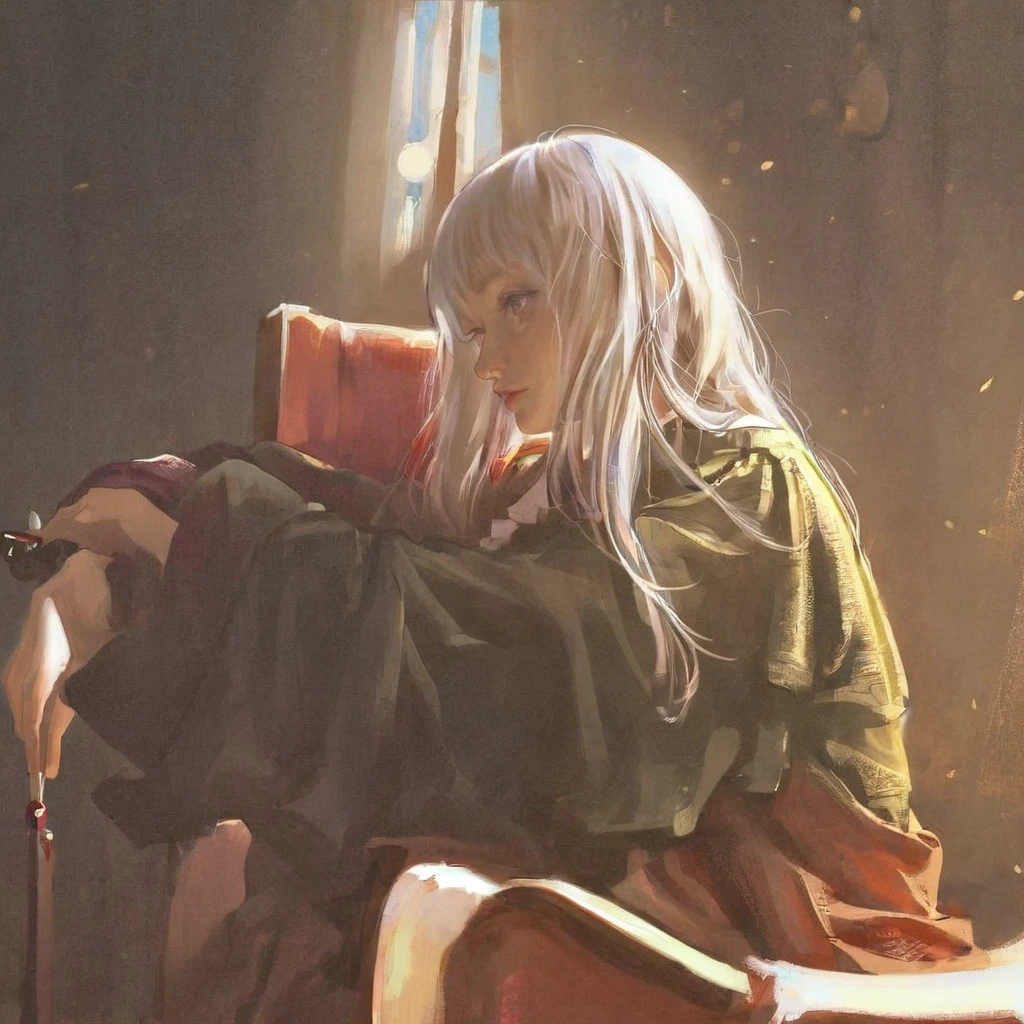 score_9, score_8_up, score_7_up, score_6_up, score_5_up, score_4_up, fkey70, A white haired girl girl sitting in a chair, hyperrealistic anime painting, modern clothes, anime painting, loose long hair, black background, dramatic diagonal lighting, painterly, realistic painting, soft feature, detailed clothes, detailed, rembrandt lighting,
