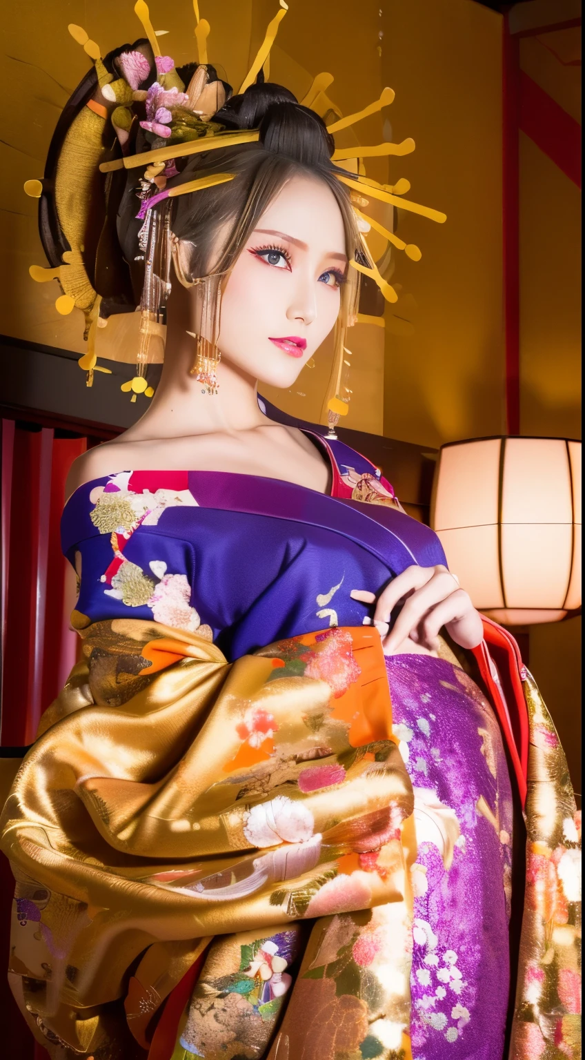 ((masterpiece(:1.4)，Highest quality，Ultra-high resolution，Highest quality，8k，Extremely detailed，In detail))。night，Japanese，(A beautiful woman)，glossy，slim，Large Breasts(1.6)，sexy，glamorous，((Golden Ratio Style，Perfect Style))，Narrow waist，Flashy gal makeup，Japanese garden，Oiran，Prostitute，Sunny day outfit，Uchikake，Gold brocade，((A gorgeous kimono))，A cutting board belt tied in front，Hair tying，hairpin，hair ornaments，Gorgeous costumes，Beautiful standing posture，Presence，Exude sex appeal，looking at the camera，Show off your style，