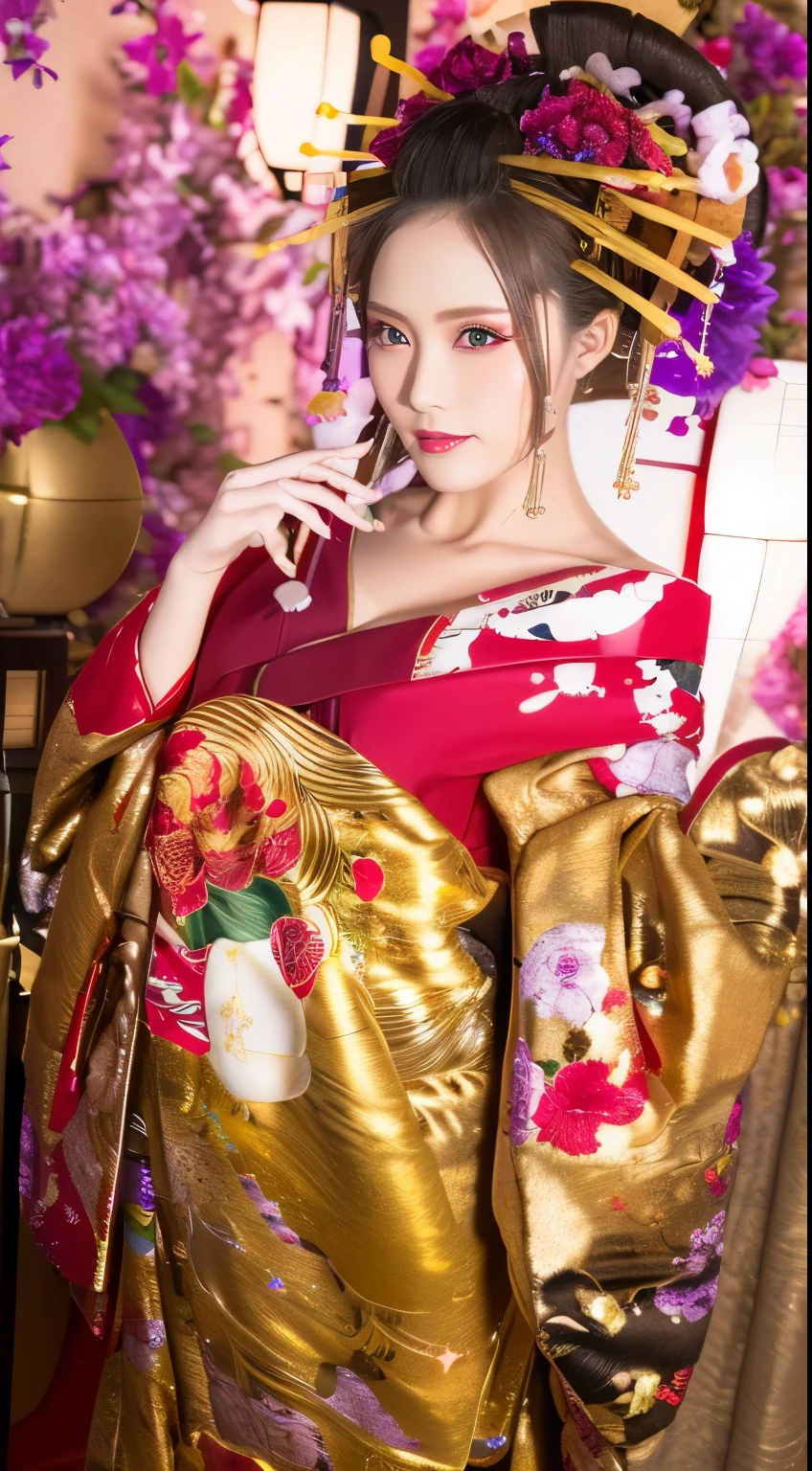 ((masterpiece(:1.4)，Highest quality，Ultra-high resolution，Highest quality，8k，Extremely detailed，In detail))。night，Japanese，(A beautiful woman)，glossy，slim，Large Breasts(1.6)，sexy，glamorous，((Golden Ratio Style，Perfect Style))，Narrow waist，Flashy gal makeup，Japanese garden，Oiran，Prostitute，Sunny day outfit，Uchikake，Gold brocade，((A gorgeous kimono))，A cutting board belt tied in front，Hair tying，hairpin，hair ornaments，Gorgeous costumes，Beautiful standing posture，Presence，Exude sex appeal，looking at the camera，Show off your style，