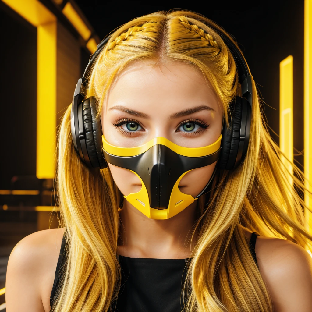 girl with long yellow hair, yellow eyes, futuristic vibes, mask on mouth, headphones, 8k, high quality, simple background, glowing eyes, nice pose