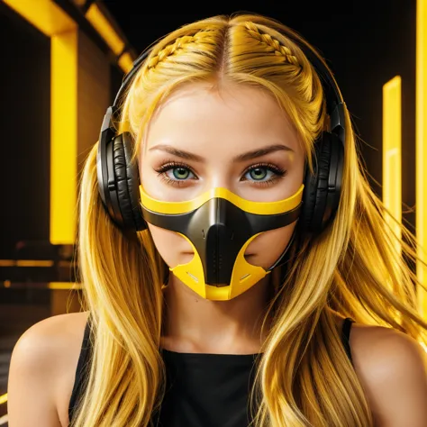 girl with long yellow hair, yellow eyes, futuristic vibes, mask on mouth, headphones, 8k, high quality, simple background, glowi...