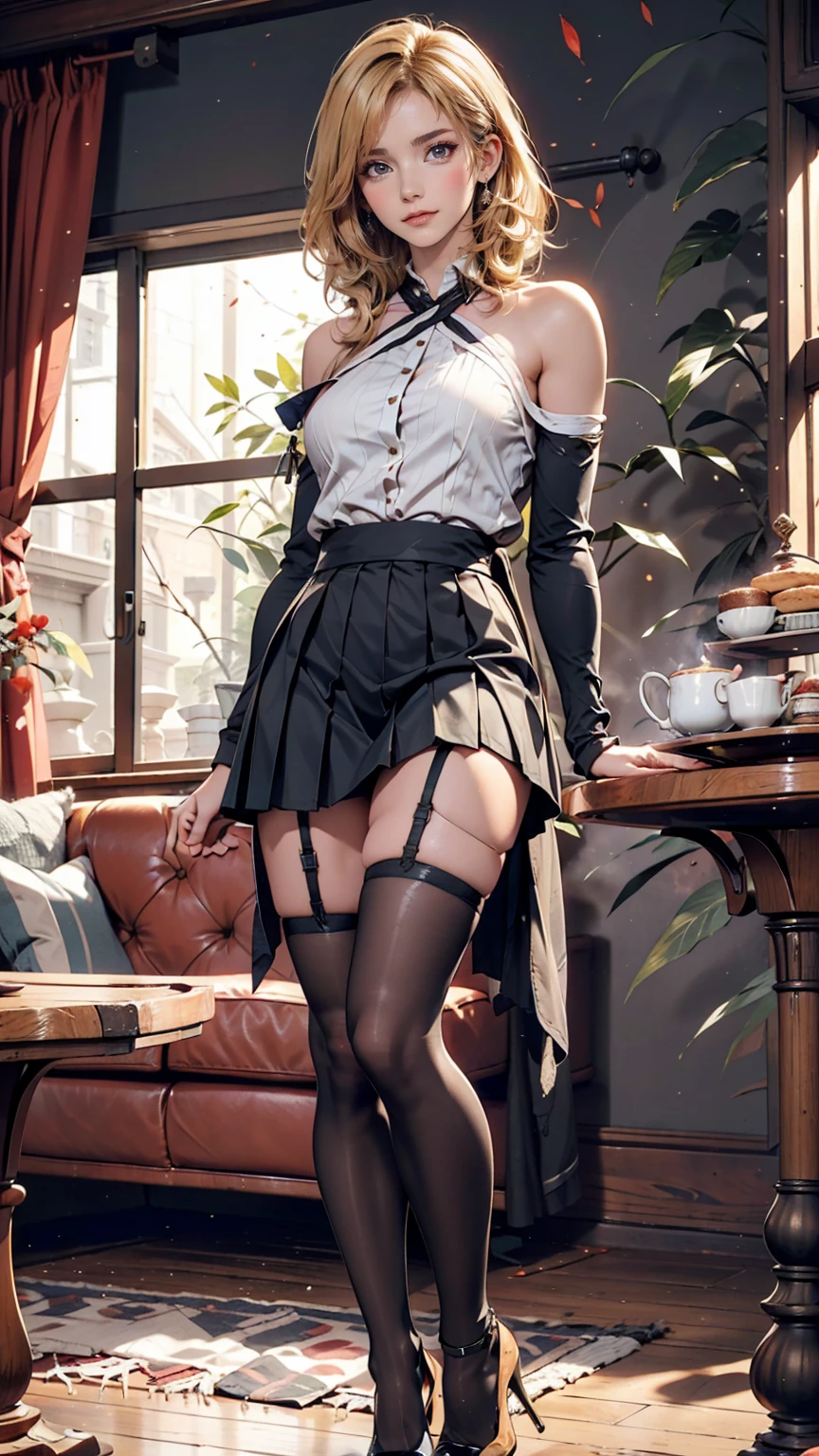 Fantasy Background, Cafe RPG Style, Empty chair, table, Tea Glass Set、24-year-old female、blue eyes、Blonde、Flat Top((flattop))、Sexy proportions、Narrow waist、One-Shoulder Topini length pleated skirt、stockings、Stiletto heels