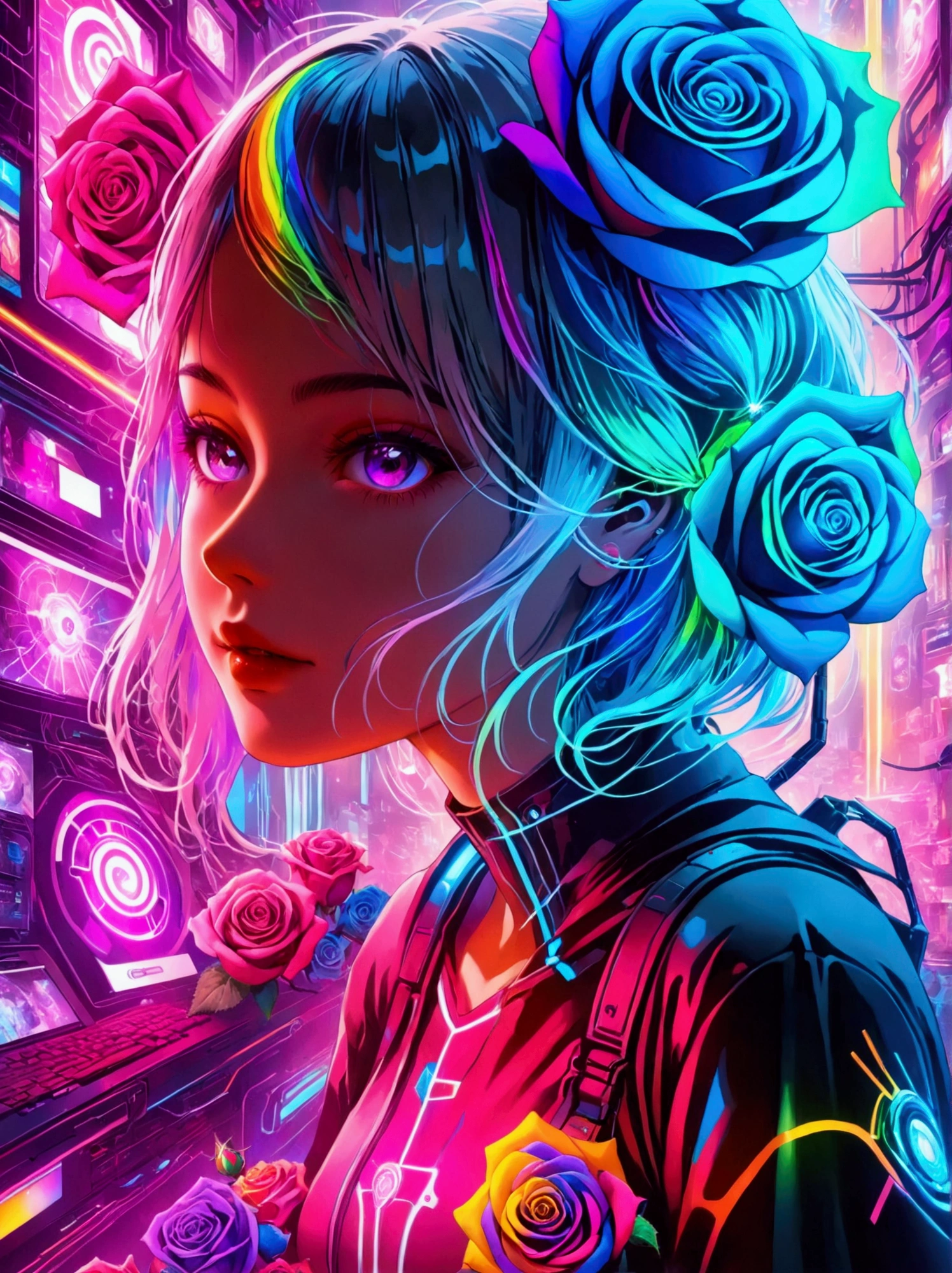 (((8k，Bright colors，Bright，Ultra high saturation，RGB color)))girl，Y2K style，Collage art，Cyberpunk Background，Celluloid Shadow，Soda，blue，Purple，whole，Clearly detailed bionic rose cyber fragrance