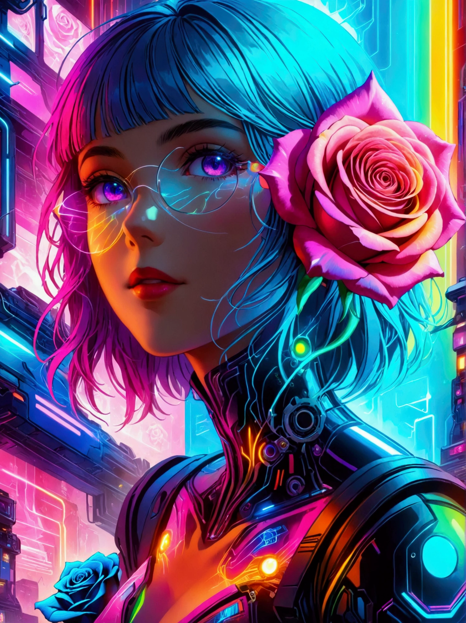 (((8k，Bright colors，Bright，Ultra high saturation，RGB color)))girl，Y2K style，Collage art，Cyberpunk Background，Celluloid Shadow，Soda，blue，Purple，whole，Clearly detailed bionic rose cyber fragrance