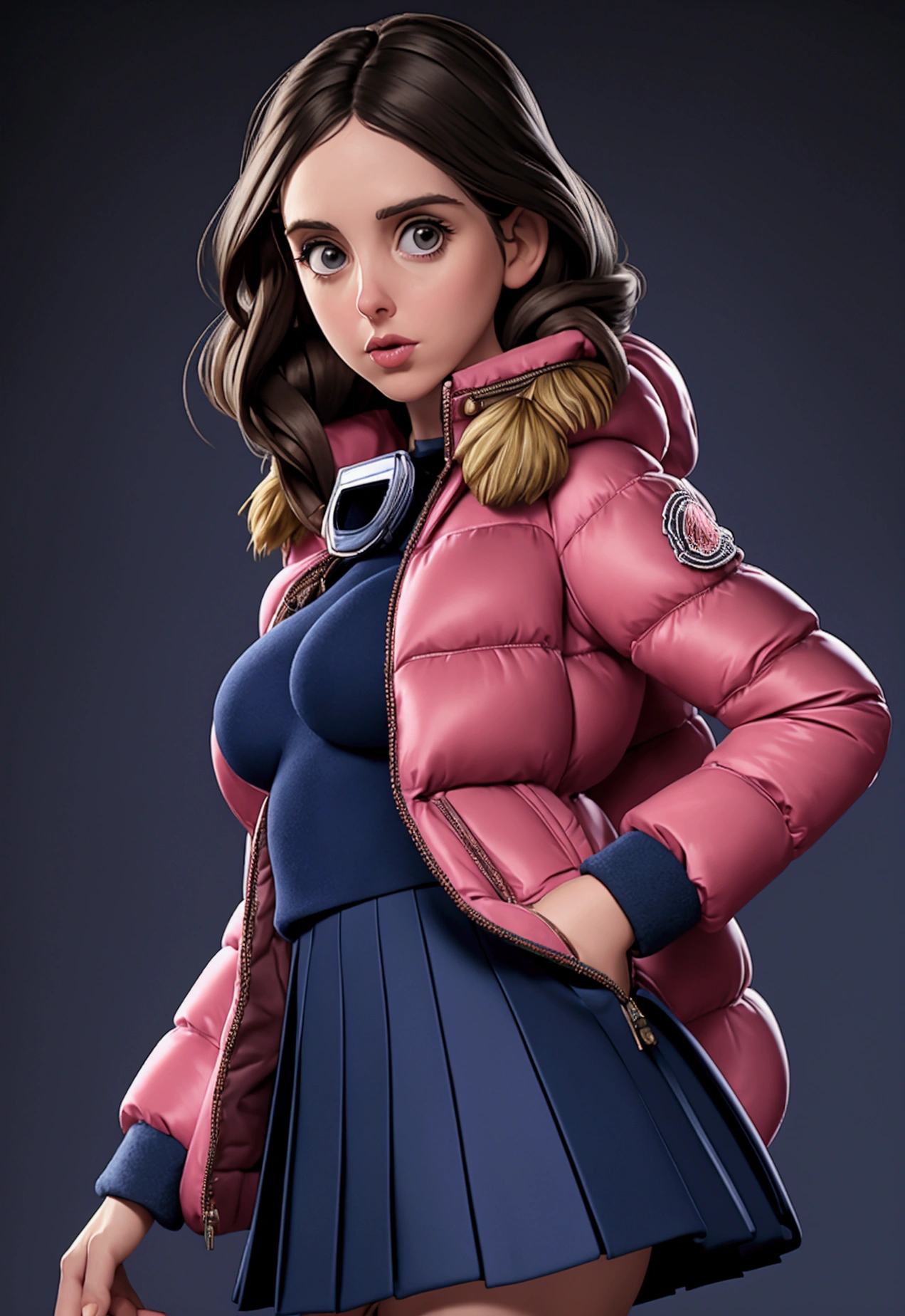 (fotografia de Alison Brie, em casaco de seda azul marinho moncler puffer), ((Olhando para o visualizador)), fotorrealista, seios grandes, sutiã de seda, moncler_Hermione, , saia curta plissada skater rosa de seda, batom, Sedutor, sexy