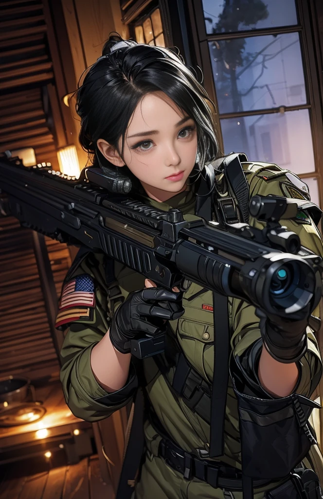 In a realistic military setting、A female warrior stands firm。Her jet black hair was tied back、Wearing a utility uniform。Because she&#39;s holding a rocket launcher、Hands covered with fingerless gloves。A rifle hangs from a shoulder holster.、The clothing has a camouflage pattern。