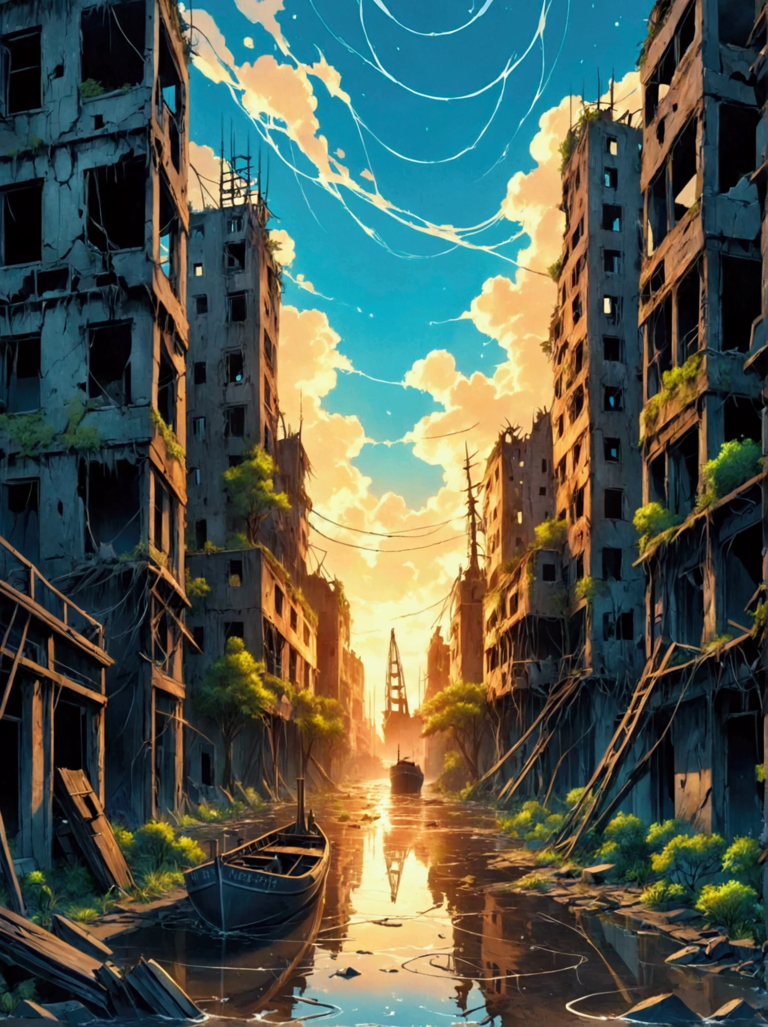 a post-apocalyptic, flooded earth scene, scarce trees, numerous dilapidated buildings, high resolution details of abandoned structures, cracks in the architecture, malfunctioning electrical equipment, poor lighting, mysterious and dark tones, water and ruins elements, high resolution, ultra-detailed, a ship city, 8k, masterpiece