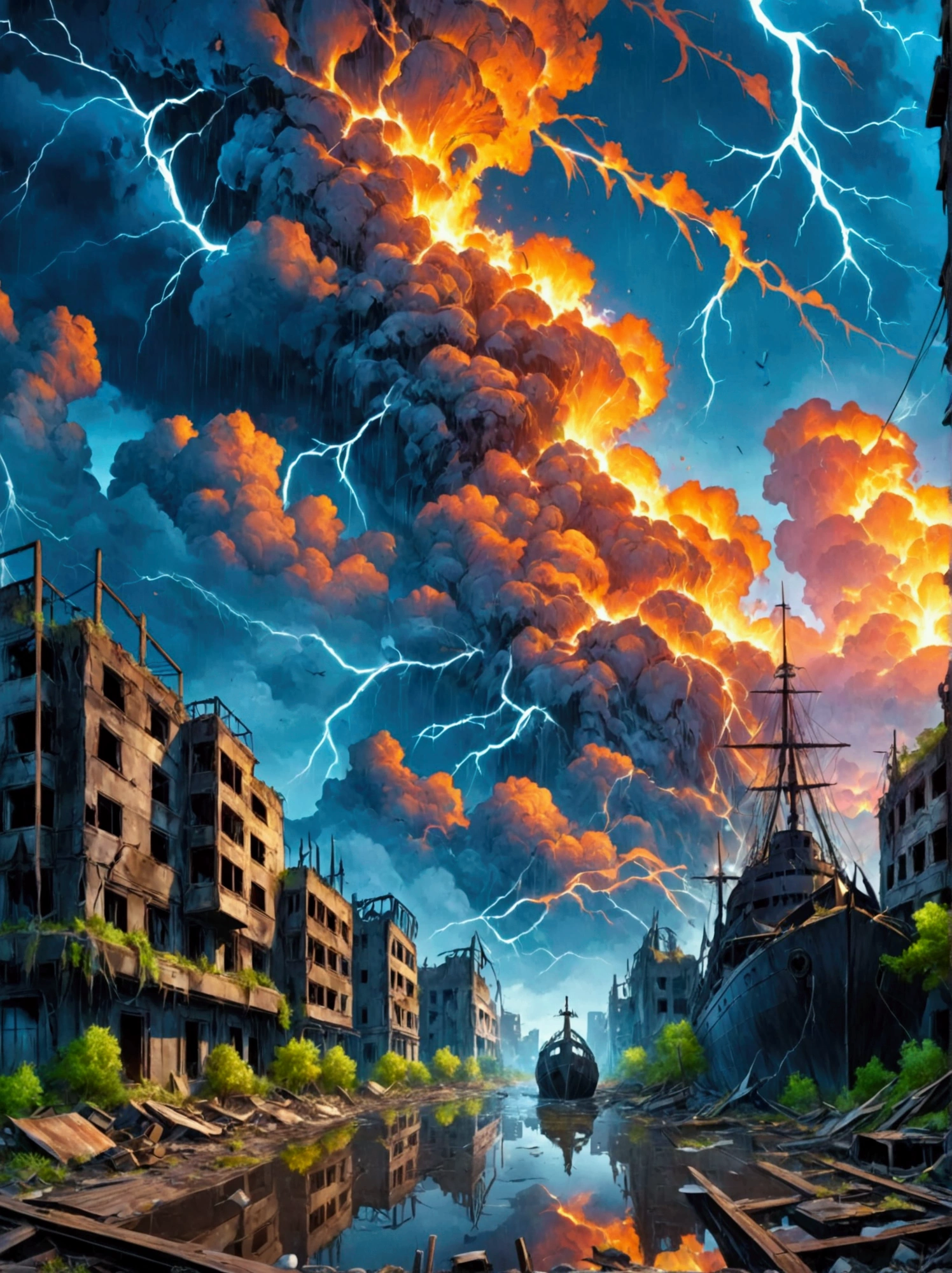 a post-apocalyptic, flooded earth scene, scarce trees, numerous dilapidated buildings, high resolution details of abandoned structures, cracks in the architecture, malfunctioning electrical equipment, poor lighting, mysterious and dark tones, water and ruins elements, high resolution, ultra-detailed, a ship city, 8k, masterpiece