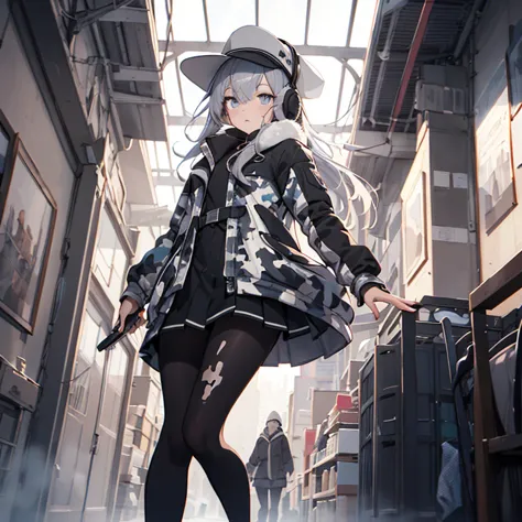 verniysaury, grey hair, white headwear, hat, earmuffs, camouflage jacket, long sleeves, black skirt, black pantyhose
,(masterpie...