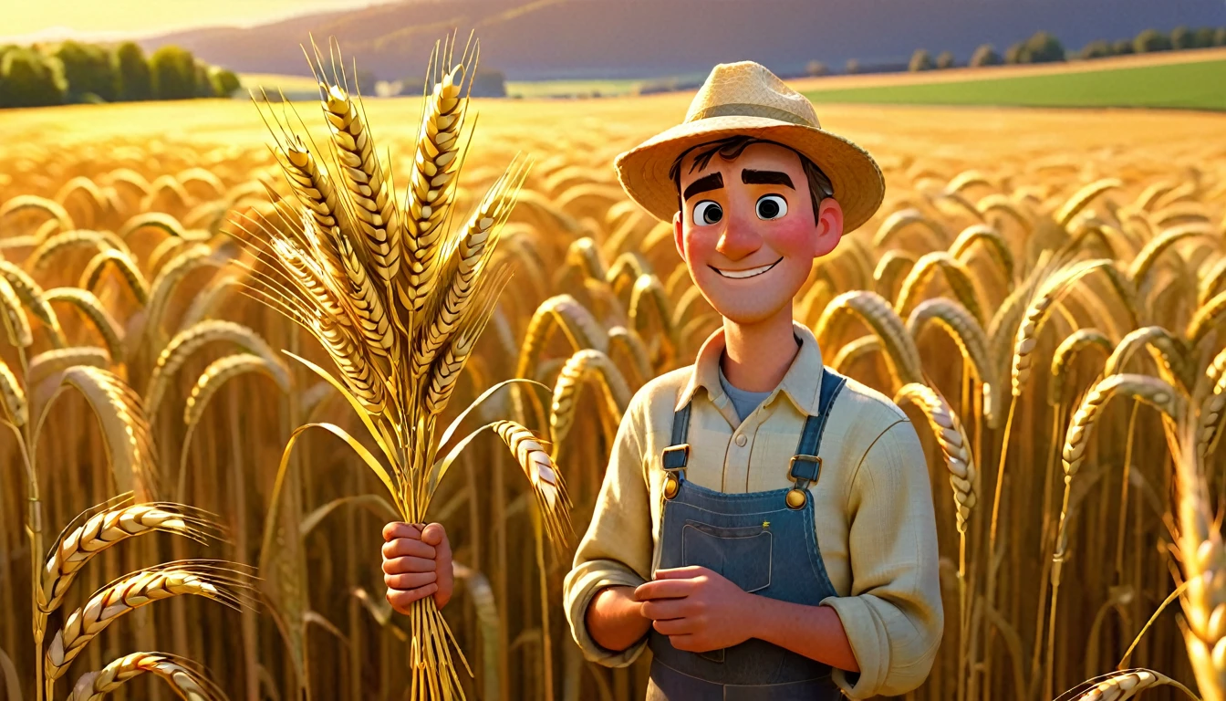 Pixar character design, a farmer in a golden field, holding a sheaf of wheat with a proud expression. The scene is bathed in the warm light of the setting sun, symbolizing hope and prosperity. Visible college ID card on a lanyard around his neck.