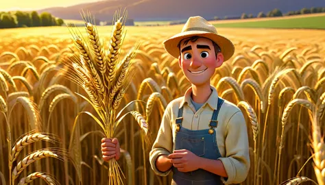 Pixar character design, a farmer in a golden field, holding a sheaf of wheat with a proud expression. The scene is bathed in the...
