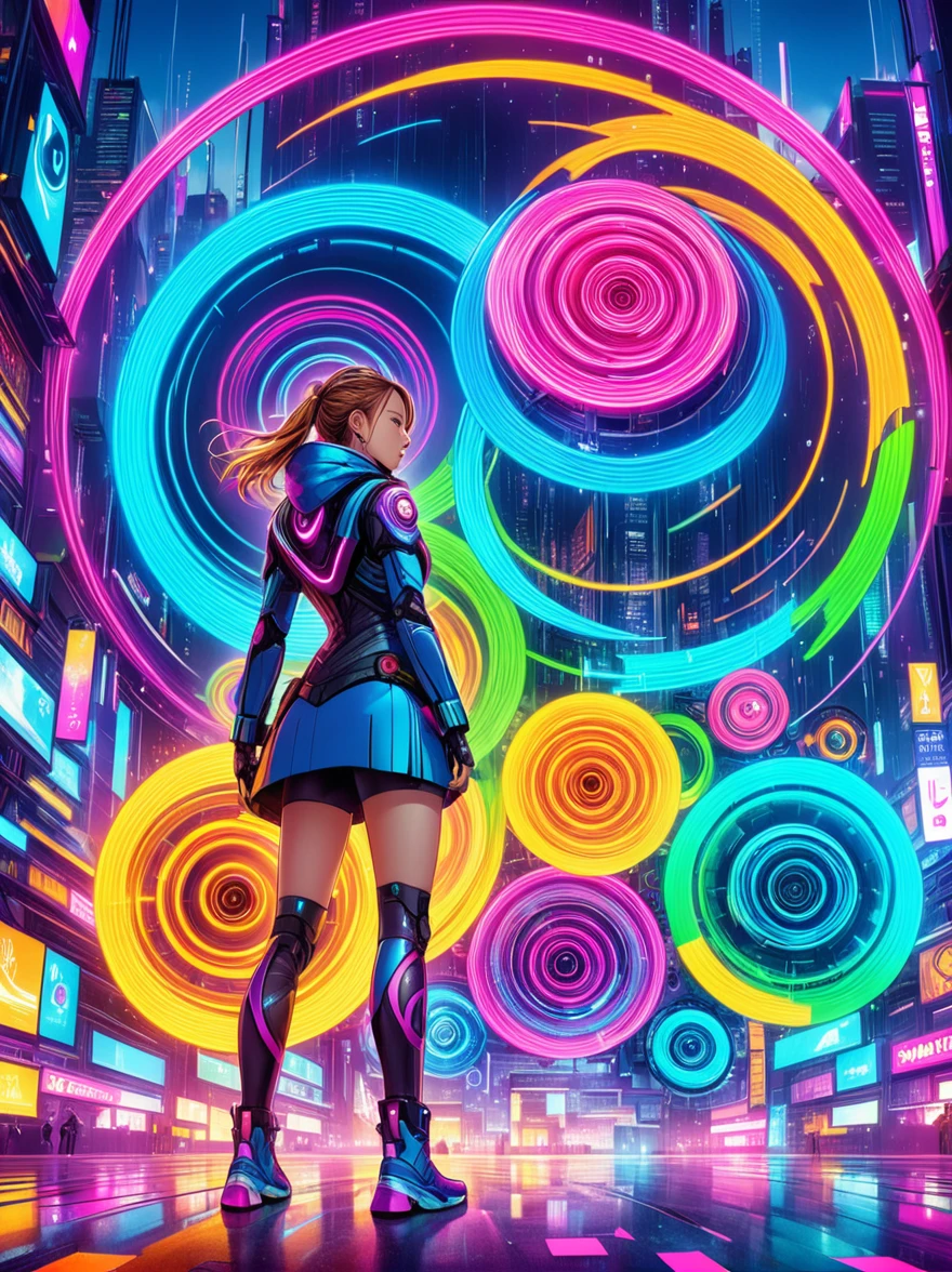 (((whole body)))，(Wide-angle lens:1.8)，(panoramic:1.8)，(((8k，Bright colors，Bright，Ultra high saturation，RGB color))), 1 Girl，Y2K style，Collage art，Cyberpunk Background，Celluloid Shadow，Soda，blue，Purple，whole，Bionic rose with clear details, Cyber Scent