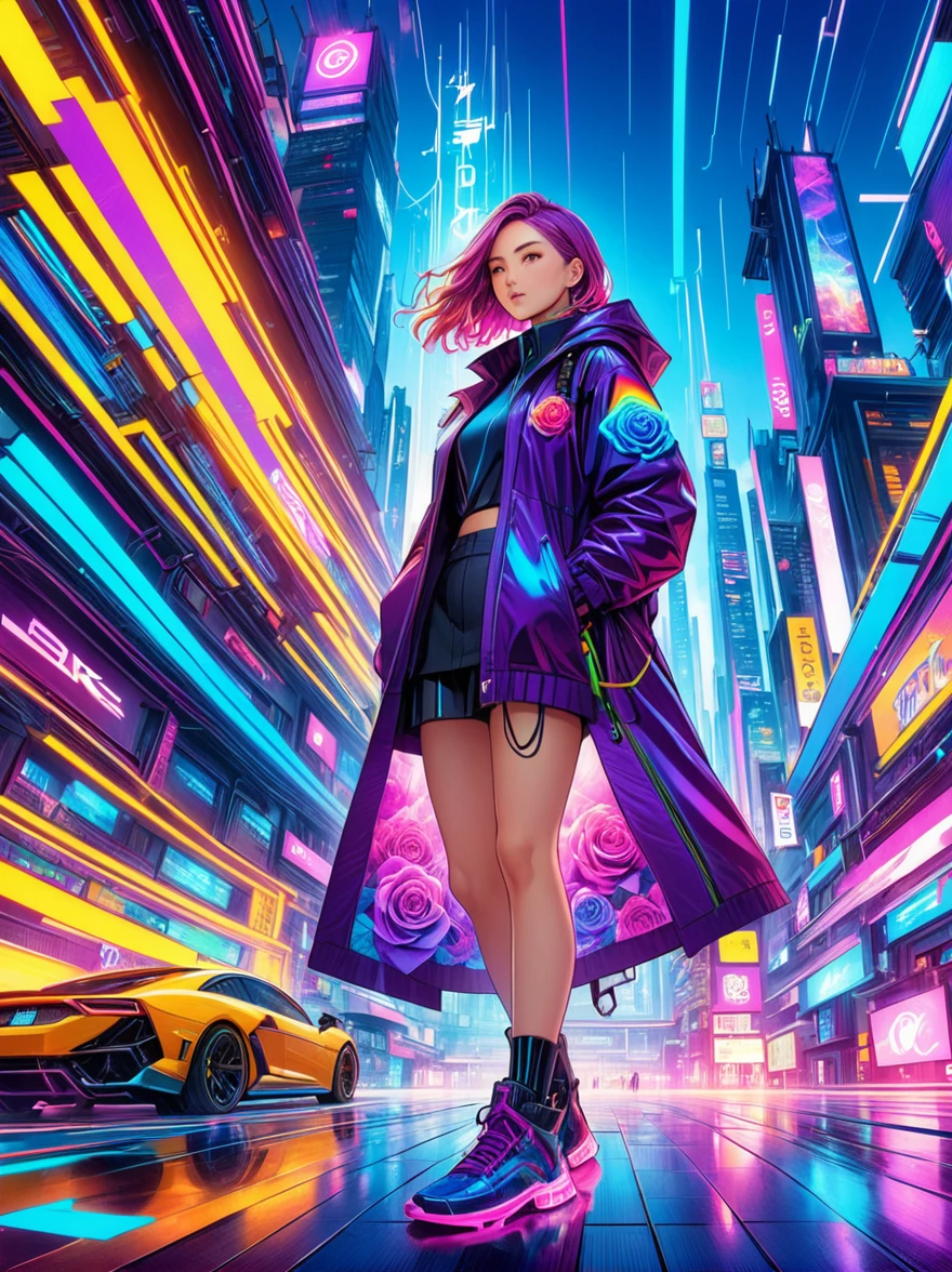 (((whole body)))，(Wide-angle lens:1.8)，(panoramic:1.8)，(((8k，Bright colors，Bright，Ultra high saturation，RGB color))), 1 Girl，Y2K style，Collage art，Cyberpunk Background，Celluloid Shadow，Soda，blue，Purple，whole，Bionic rose with clear details, Cyber Scent